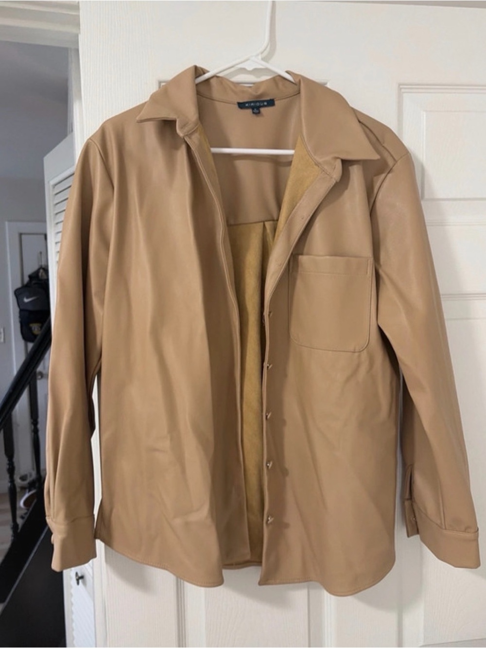 Kirious Tan Faux Leather Button-Up Jacket